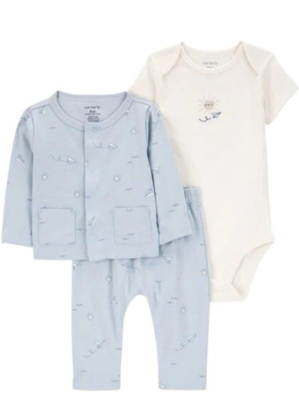 Producto - Carter's. Set pantalon, body y saquito celeste