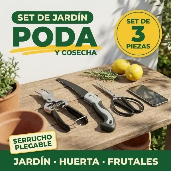 Producto - Set de Poda Jardín 3 Piezas: Tijera de Podar, Punta Fina y Serrucho Plegable - 0