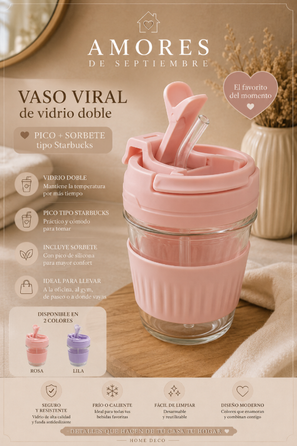 Producto - Vaso Térmico de Vidrio Doble con Sorbete y Pico Rebatible