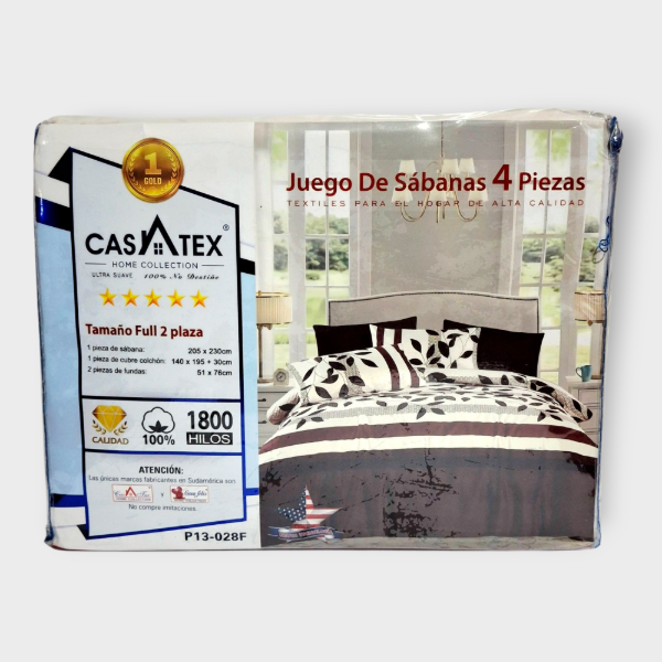 Producto - Juego de Sábanas 2 1/2 plazas Casatex 1800 hilos marrón con hojas