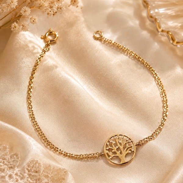 Producto - Pulsera doble cadena árbol de la vida con cubic Plata 925 Dorado