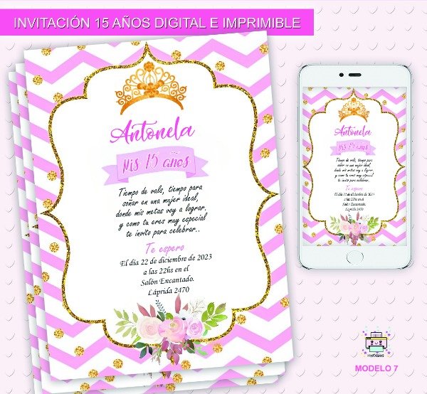 Producto - Invitación 15 años Digital e Imprimible Corona M7
