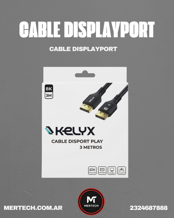 Producto - Cable Kelyx Display Port 1.4 4K a 120Hz / 8K 60Hz 48Gbps 3 mt (7404)