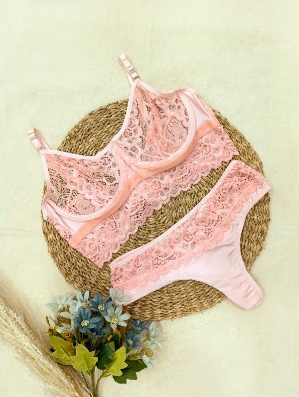 Producto - Art. 166 - Georgette - Conjunto Bralette de Encaje  Puntilla Colaless Rosa