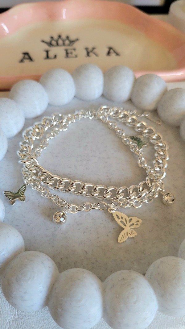 Producto - Pulsera doble cadena con dijes mariposa y strass de acero blanco - 3