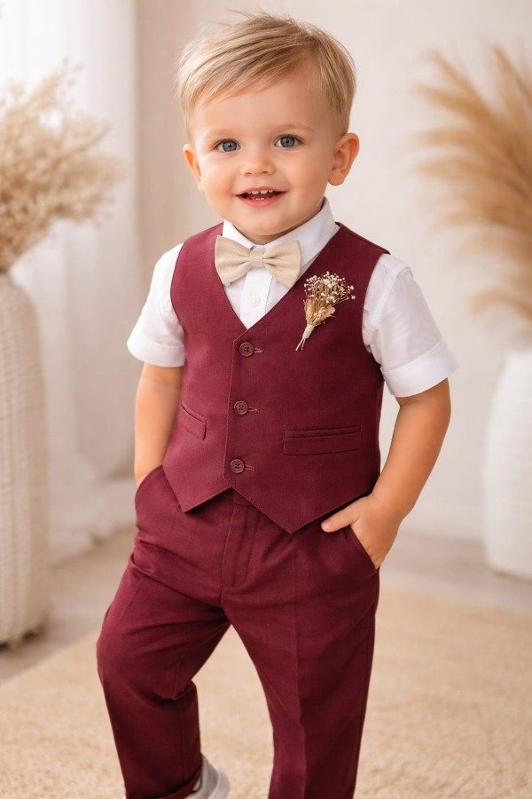 Producto - Traje de bebe chaleco y pantalon de gabardina color bordo