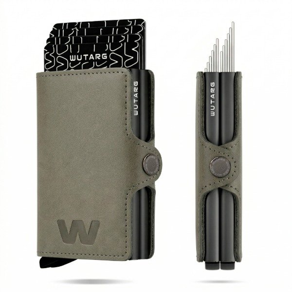 Producto - Billetera WUTARG Gris Tarjetero RFID Antirrobo Deluxe Series Dos Porta Tarjetas