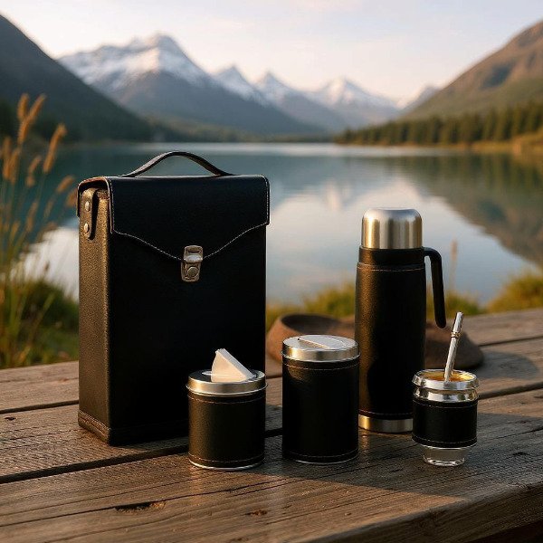 Producto - SET COMPLETO ECOCUERO TERMO ACERO, BOLSO RIGIDO NEGRO