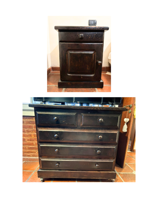 Producto - Cómoda de algarrobo con rueditas y/o 2 mesitas de luz de algarrobo