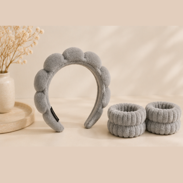 Producto - Set Skincare Vincha Soft + Muñequeras Gris