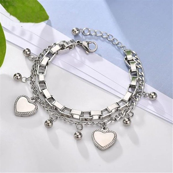 Producto - Pulsera de acero inoxidable 316L con dijes de corazón y boliitas