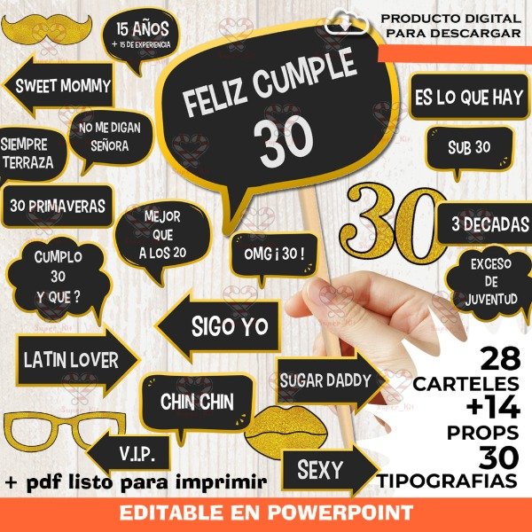Producto - Kit Imprimible 30 años Photo Props Cartelitos Editable y Pdf