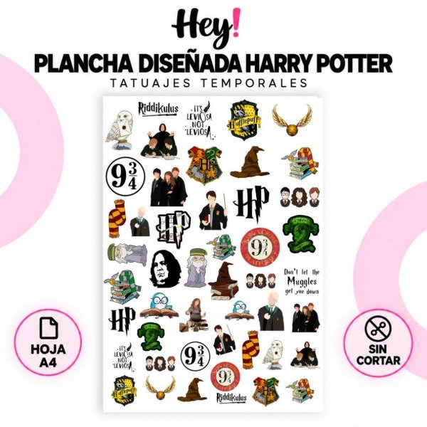 Producto - PLANCHA A4 PREDISEÑADA HARRY POTTER - TATUAJES TEMPORALES - 0