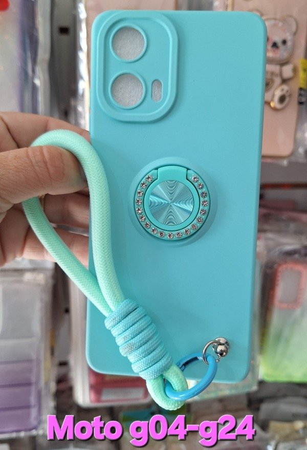 Producto - Fundas silicona con felpa interna anillo y correa. Moto g04-g24