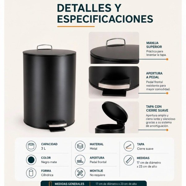 Producto - CESTO DE ACERO INOX DE RESIDUOS A PEDAL CIERRE SUAVE 3LTS - 3
