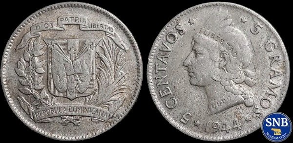 Producto - República Dominicana - 5 Centavos (1944) Plata KM #18.a - Dictadura de Trujillo