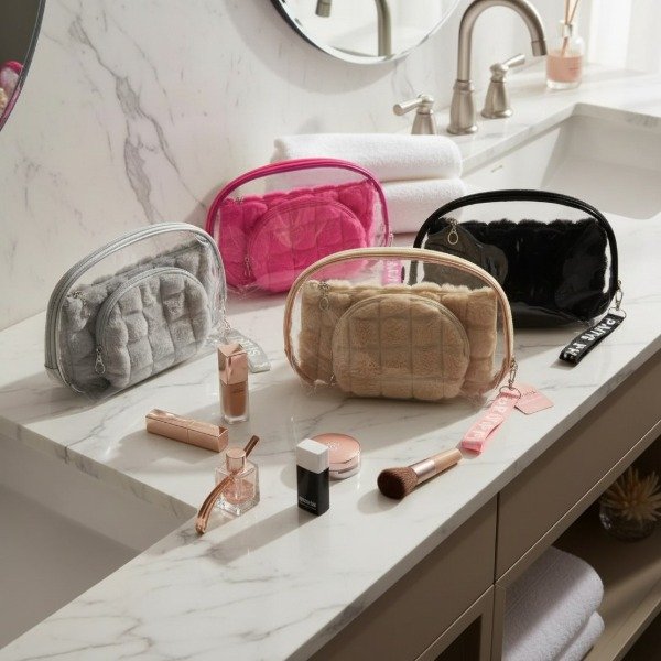 Producto - SET DE 3 NECESER PORTA COSMETICOS TRANSPARENTE Y PELUCHE 18X24 - 3