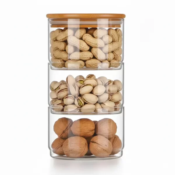 Producto - Frasco vidrio redondo apilable tapa Bambu