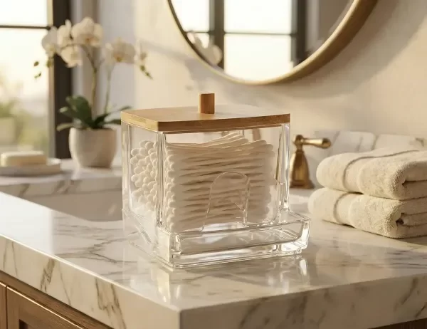 Producto - Porta Cotonete Organizador Hisopos Tapa Bambu Acrilico