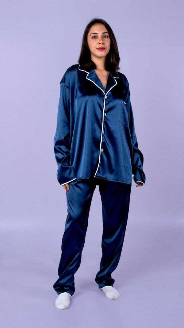 Producto - Pijama Camisero Satén Azul