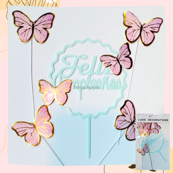 Producto - Topper Feliz cumpleaños con mariposas Rosa 02
