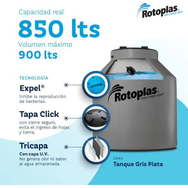 Producto - Tanque de agua Rotoplas 850L Tricapa Vertical Gris 118 x 100cm