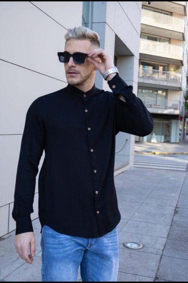 Producto - Camisa de Lino Cuello Mao- Negro