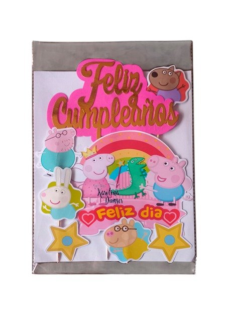 Producto - Cake Topper Adorno Pepa Pig Feliz Cumpleaños Fucsia/Dorado. Set x 8