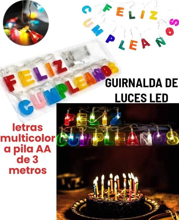 Producto - Guirnalda de luces led feliz cumpleaños a pila AA 3 metros stranger things