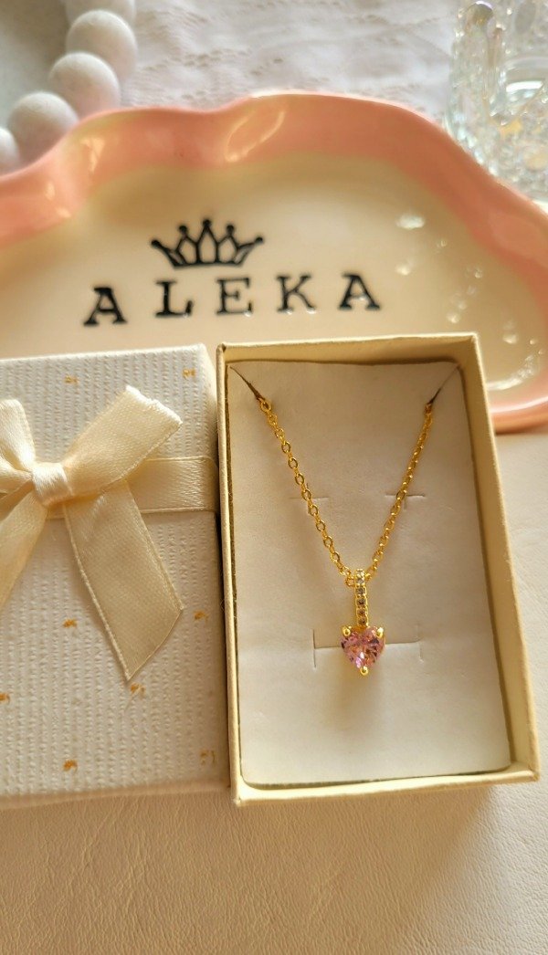 Producto - Collar corazón cubic con strass rosa de acero dorado