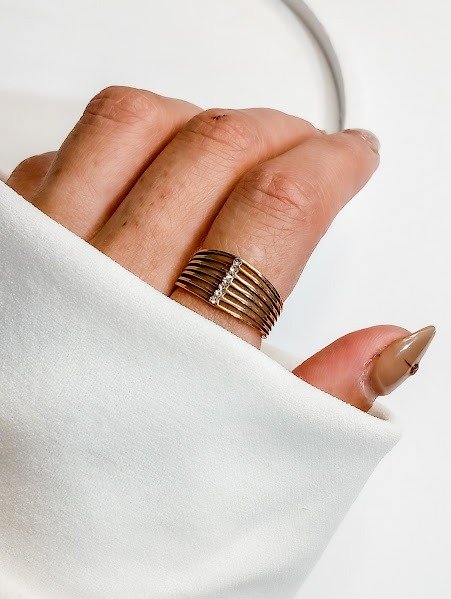 Producto - Anillo LINEAS Y STRASS- Acero dorado - talle 17