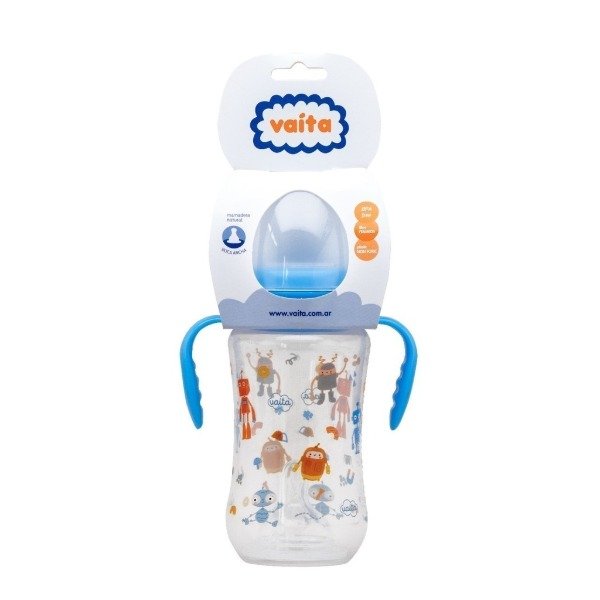 Producto - Mamadera natural boca ancha t/silicona con asas 330ml celeste Vaita