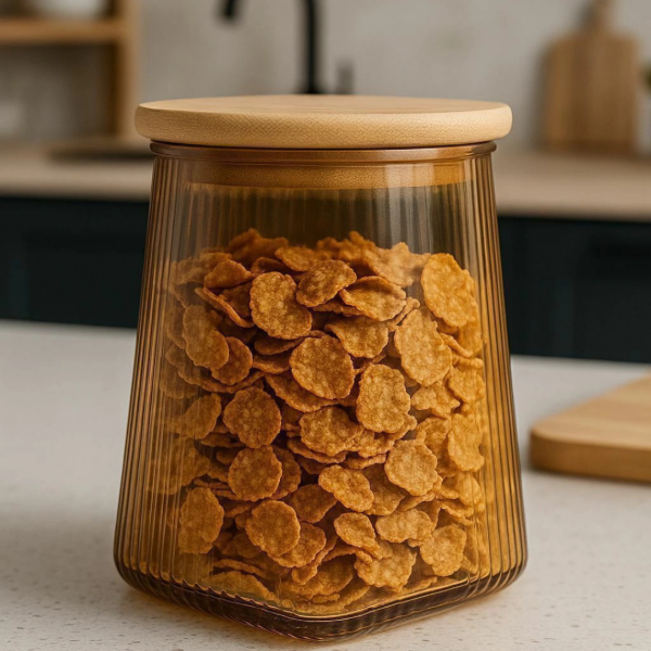 Producto - Frasco de vidrio piramidal con tapa de madera 10x10x14cm