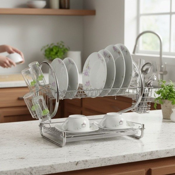 Producto - ESCURRIDOR VAJILLA 2 PISOS AC. INOX. CON PORTA CUBIERTOS Y BANDEJA 34X21X35CM