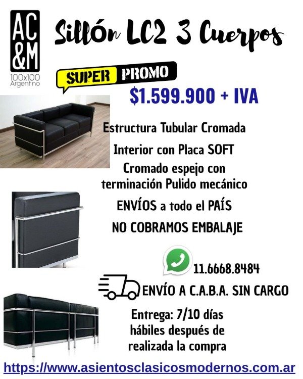 Producto - Sillón LC2 3 Cuerpos, Tapiz Talampaya, Estructura Tubular Cromada!!