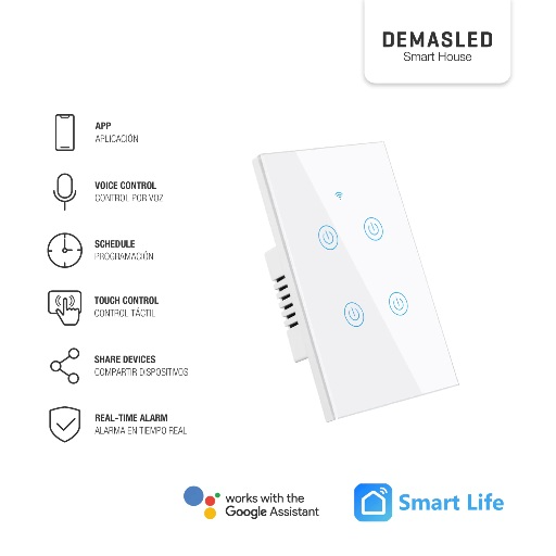 Producto - Tecla Smart de Pared Táctil 4 Canales 600W Blanco -Demasled (domo-48bl)