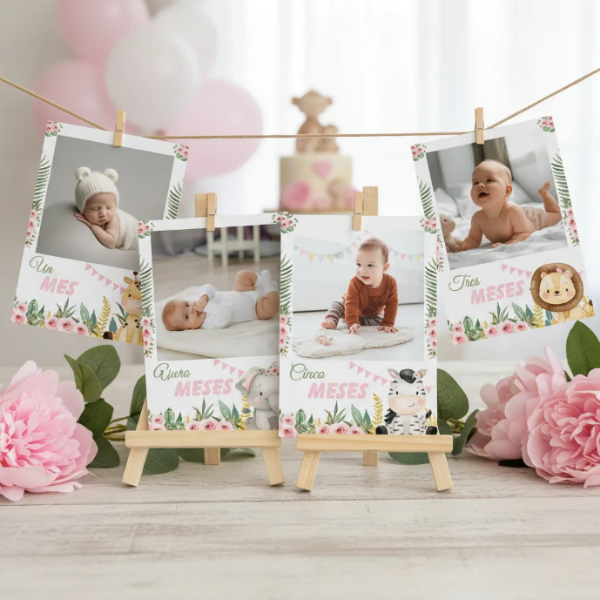 Producto - Pancarta Imprimible Fotos Meses Bebé Cumple Safari Rosa