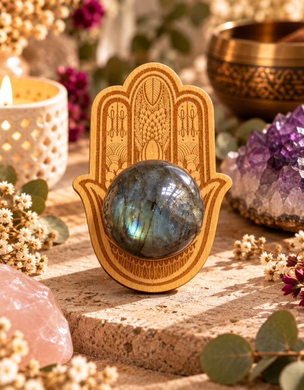Producto - Soporte para Esfera Mano de Fátima - Madera de Guatambú - 0