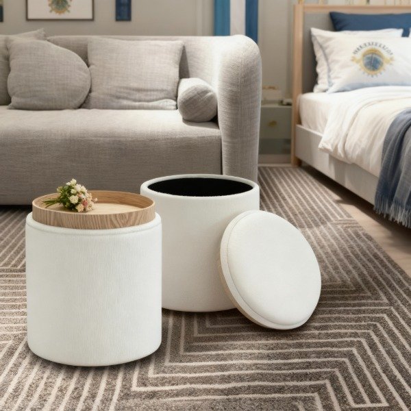 Producto - Puff Boucle Redondo Tapa De Madera Plegable - Thw Beige Beige