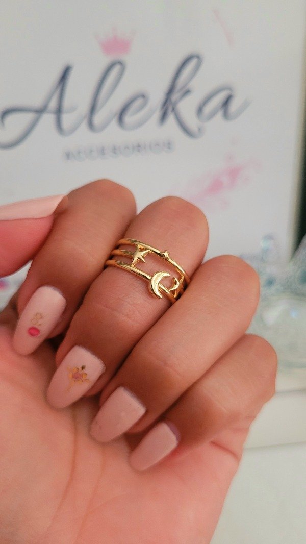 Producto - Anillo luna y estrellas regulable de acero dorado