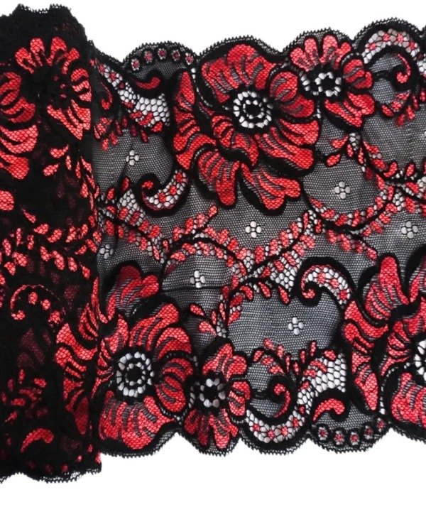 Producto - Puntilla elastizada combinada negro con rojo 18cm