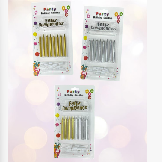 Producto - VELAS X6 SURTIDOS COLOR DORADO PLATEADO 40178