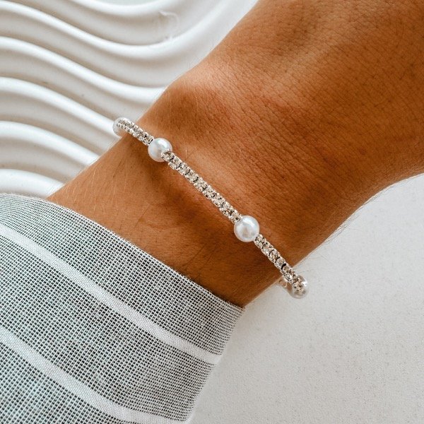 Producto - Pulsera perlita y stras plateada Fantasia