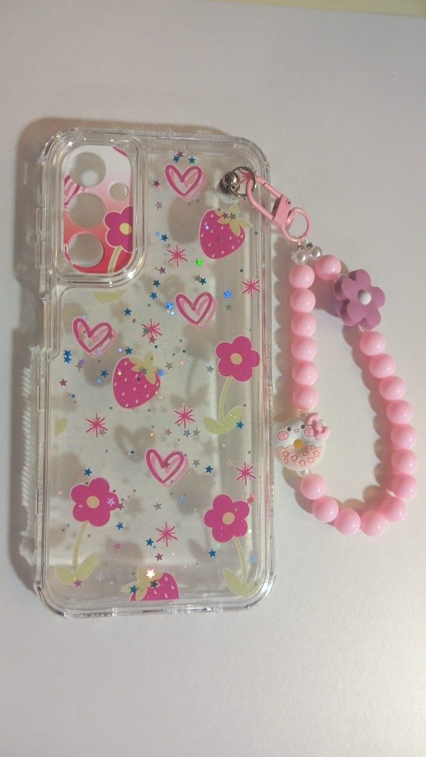 Producto - Funda Transparente Diseño Con Glitter y Cadena Frutilla para Samsung A14