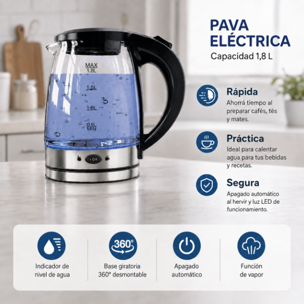 Producto - PAVA ELECTRICA DE VIDRIO CON LED AZUL 1.8LT 2 FUNCIONES MATE HERVIDOR - 1