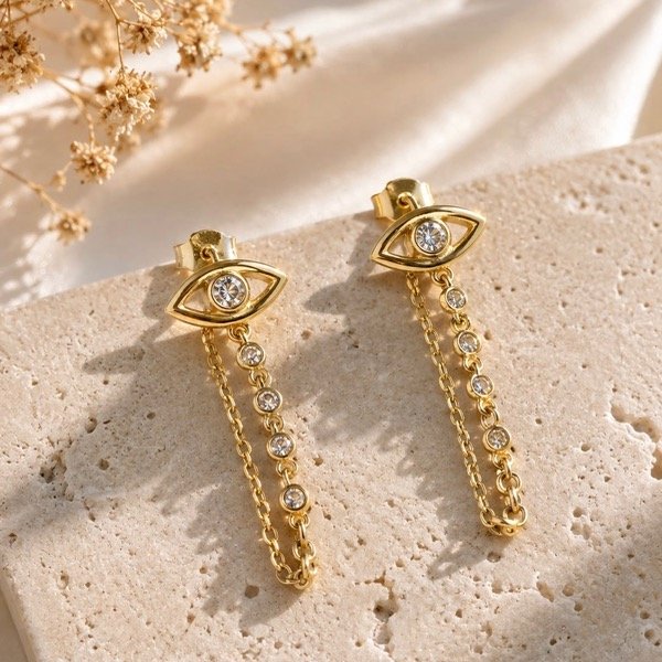 Producto - Aros pasantes Ojito turco con cadenita colgantes Plata 925 Dorado