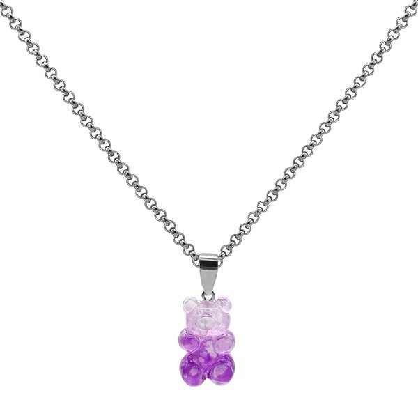 Producto - Collar de acero quirúrgico - 40cm - Rolo 3mm - Osito Gummy - Lila