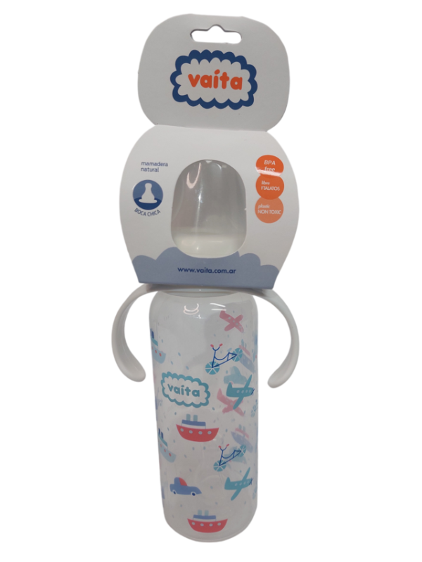 Producto - Mamadera natural boca chica t/silicona con asas 240ml celeste Vaita