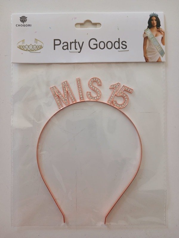 Producto - Vincha c/Strass Metal DELUXA "MIS 15AÑOS" Rosa Gold