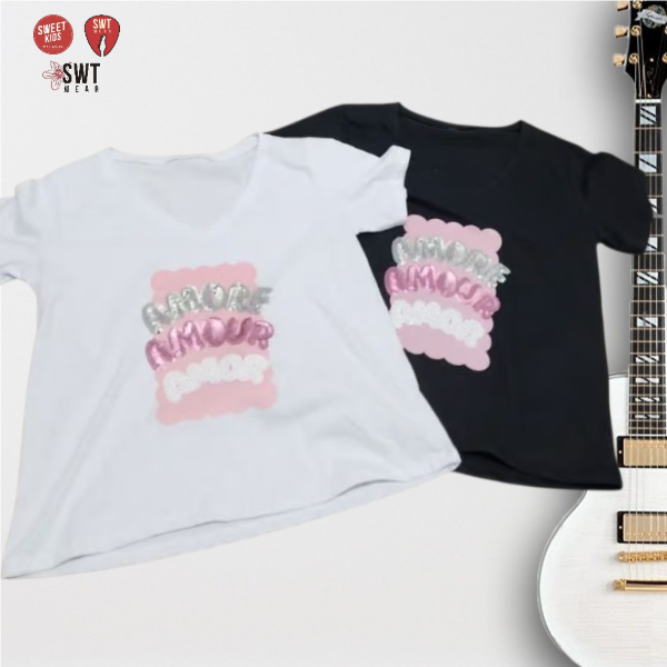 Producto - Remera Amore Amour Amor Lentejuelas Algodón Escote en V 4XL